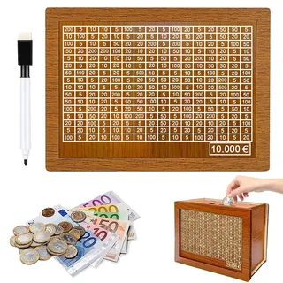 Spardose mit zähler,Sparbox mit Zahlen ankreuzen,Sparen Organizer Geld,Geld sparen Challenge,Spardose aus Holz für Hilft Erwachsene und Kindern Gewohnheit Zum Sparen(10000€)
