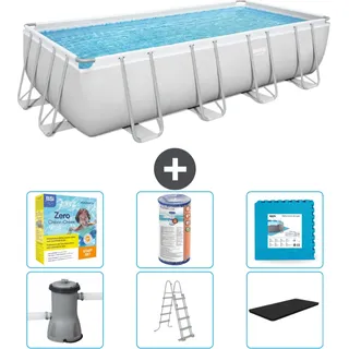 Bestway Rechteckiges Power Steel-Schwimmbecken – 488 x 244 x 122 – Grau, inklusive Pumpe – Leiter – Abdeckung Wartungspaket - Filter - Bodenfliesen