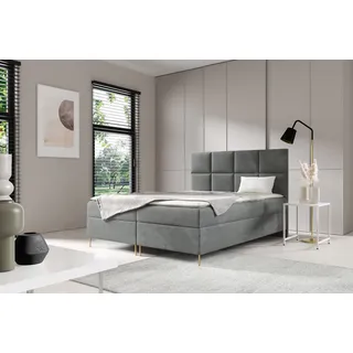 GUTTO Boxspringbett SARA 120 x 200cm 2x Bettkasten TOPPER 5cm Gratis Grau Velour hohe goldene Beine - Grau