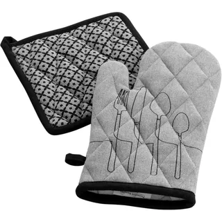 douceur d'intérieur, Ofenhandschuh und Topflappen (18 x 28 cm/20 x 20 cm) Küche, Grau, China, recycelte Baumwolle, Bedruckt