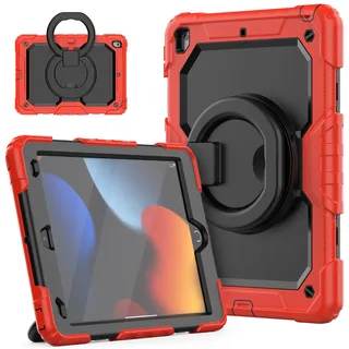 HUEZOE iPad 10.2 Zoll Hülle, 2021/2020/2019 Modell Stoßfeste Ganzkörper-Schutzhülle mit 360-Grad-Drehständer Schultergurt für iPad 9/8/7, Rot