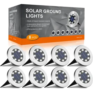 FLOWood 8 Stück Solar Bodenleuchte für Garten 8 LEDS Kaltweiß Außenleuchte Wasserdicht Gartenleuchte Edelstahl Kunststoff ampe für außen Auffahrt Gehweg Patio Garden [Energieklasse A]