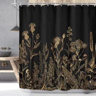 Riyidecor Duschvorhang, dekorativ, rustikales Blättermotiv, Kräuter, Natur, Kunstdruck, Polyester, wasserdicht, mit 12 Kunststoffösen, ca. 180 x 180 cm (B x H), Schwarz, Gold, dunkle Wildblumen