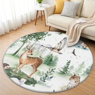 AevuCub Waldtiere Teppich Rund 200cm Kurzflor - Waschbare Teppiche Wohnzimmer Kinder Tiere - Runder Teppich 200 cm Durchmesser Kinderzimmer - Bettvorleger Schlafzimmer rutschfest Weich