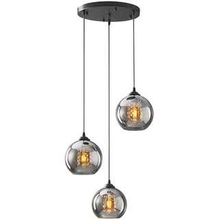 H.W.S Glas Pendelleuchte Kristall Pendellampe Modern Kugel Kronleuchter Design Kreative Hängeleuchte Höhenverstellbar Innen Dekoration Hängelampe Wohnzimmer Leuchte (Smoky gray, 3 flamming round)
