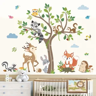 decalmile Wandsticker Waldtiere Baum Wandtattoo Hirsche Fuchs Eichhörnchen Wandaufkleber Babyzimmer Kinderzimmer Schlafzimmer Wanddeko