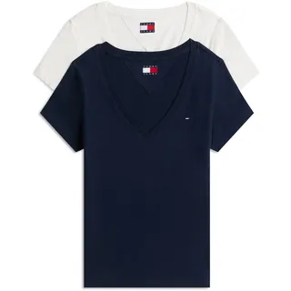 Tommy Hilfiger Tommy Jeans Damen, 2er Pack T-Shirts Kurzarm mit V-Ausschnitt, Mehrfarbig (Ecru/Dark night navy), L