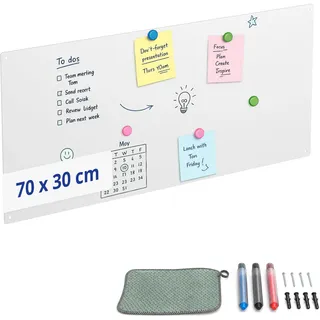Relaxdays Magnettafel, Kreidetafel beschreibbar, weiß | Magnetwand inkl. 3 Stifte, 70x30, Memoboard Büro, Küche, Stahl