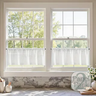 TOPICK Scheibengardine Küche Lichtdurchlässig Bistrogardine Wohnzimmer modern Küchengardinen Gardine Gaze Schals Fensterschal Kurzgardine Küche Küchenfenster Landhausstil 2 Stücke B 130x H 40cm Weiß