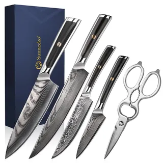 Sunnecko Damastmesser Set 5-teilig - Küchenmesser Set Messer Set - Damast Messer Scheren Kochmesser Profi Messerset Damaszener Stahl Küchenmesser,Geschenk für Köche