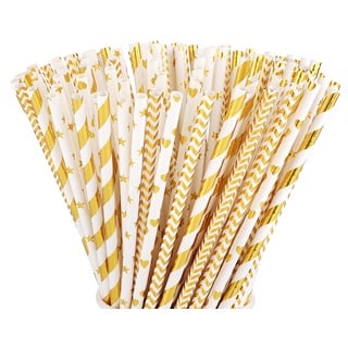 ALINK 100pcs Strohhalm Papier,Gold Trinkhalme Gold Weiß gestreifte Papierstrohhalme Punkt Halme plastikfrei biologisch abbaubare strohhalme cocktail für Hochzeit Geburtstag Party Dekorationen