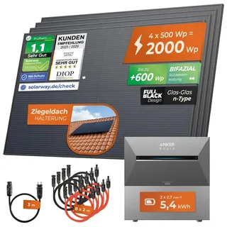 Solarway® 2000Wp / 800W Balkonkraftwerk mit 5,4kWh Speicher komplett Steckdose - 5,4 kWh Anker Solix 3 PRO Speicher - Solaranlage Komplettset - 500W Solarmodule & Anker Speicher & Zubehör