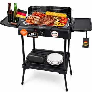 Sommertal BBQ231 Elektrogrill | Balkongrill | 2200W | Camping Grill | 2in1 Tischgrill mit Standfuß | Stufenloser Temperaturregler | Ablagefläche