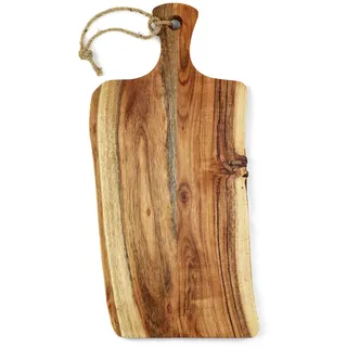 Schneidebrett Holz groß | Hackbrett aus Akazienholz mit Griff und Aufhängung im Naturschnitt, rustikal | ca. 43 x 20 x 1,6 cm groß | Holzbrett für die Küche | Massives Küchenbrett | Schneidbrett