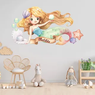 tjapalo® v144 Kinder Wandtattoo Meerjungfrau groß Wandtattoo Mädchen Name Wandsticker Kinderzimmer deko Mädchen mit Namen, Größe: B130xH58cm