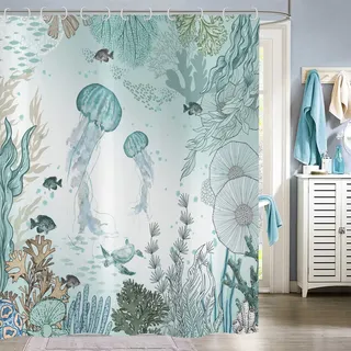 Hnmdmyi Duschvorhang Quallen 180x200, Nautische Küste Tropische Fische Koralle Türkis Ozean Thematisch Unterwasser Meeresleben Badewanne Vorhang Wasserdicht Polyester Stoff Waschbar Badevorhang