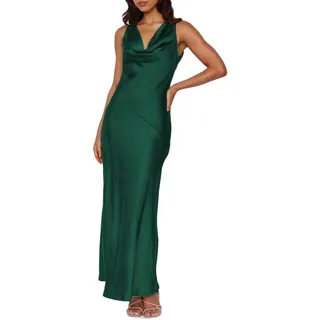 Maxikleid aus Satin, Wasserfallausschnitt, ärmellos, rückenfrei, für Hochzeitsgäste, Seide, offener Rücken, Raffhalter, formelle Kleider für Damen 2024, Smaragde., Klein