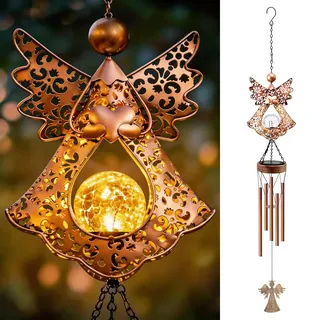 Yeomoo Metall Windspiel Garten mit Solar Engel Deko für Draußen: Windspiele Aufhängung Gartendeko Geschenke für Frauen Mama Geburtstagsgeschenk Glockenspiele für Terrasse Balkon Flur Kupfer