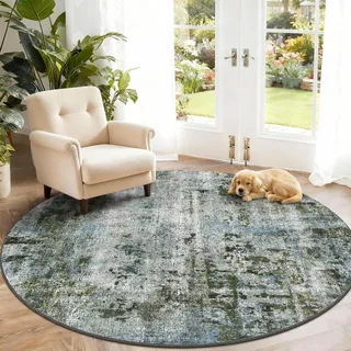 SOANNY Teppich Rund Ø120 cm Kurzflor, modern abstrakt, super weich, waschbar und rutschfest für Wohnzimmer, Schlafzimmer, Kinderzimmer, Essbereich, Büro, Leseecke, Moosgrün