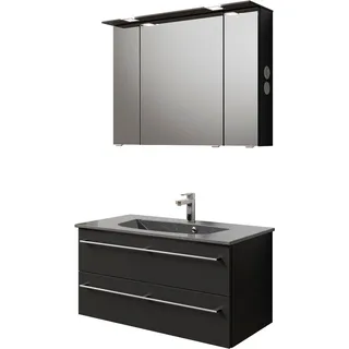 Saphir "Serie 6025 2-teilig Mineralmarmor-Waschtisch mit LED-Spiegelschrank" 2 Stk. tlg., schwarz matt select