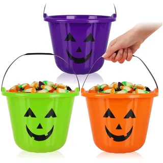 com-four® 3X Halloween Kürbis Eimer - Candy Bag, Kunststoff-Eimer im Kürbis Design zum Sammeln von Süßigkeiten - Sammeltasche mit Henkel für Halloween Süßigkeiten