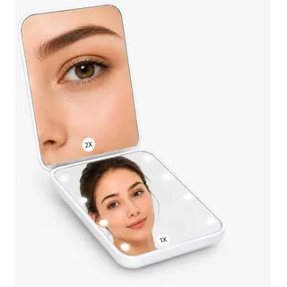 JADUFHU Vergrößerungsspiegel, Lupe mit Licht, LED-Spiegel, doppelseitig, 1 x 2 x, weiches Licht, ultraflach, tragbar, magnetisch, ABS, HD-Glas, mit Akku, Weiß, Büro, Reisen, Wohnzimmer