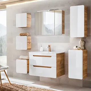 Badezimmer Set 7-tlg in Hochglanz weiß mit Wotan Eiche Nb. LUTON-56 mit LED-Spiegelschrank, B/H/T ca. 180/200/46 cm - Weiß
