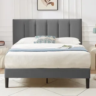 VECELO Polsterbett 140 x 200 cm Doppelbett mit Höhenverstellbarem Kopfteil, Bettrahmen Stoffbett mit Lattenrost, Gepolstertes Bettgestell, Kein Boxspring erforderlich, Samt, Ohne Matratze, Grau