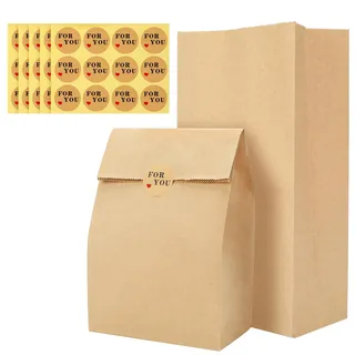 G2PLUS 100 Stück Braun Papiertüten Klein, Kraftpapier Geschenktüten, Papiersäckchen Klein 15.5x10x30CM, Tüten aus Kraftpapier mit Aufkleber, Braun Standbeutel für Geschenke, Adventskalender