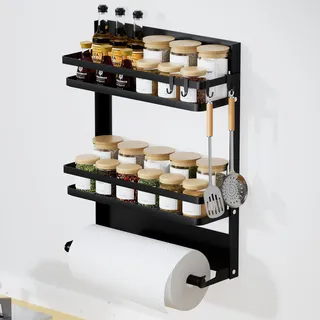 Jokisa Gewürzregal, Wandregal mit Papierhalter auf Küchenrolle und 4 Haken, Küchenorganizer ohne Bohren - Platzsparend und ordentlich in der Küche
