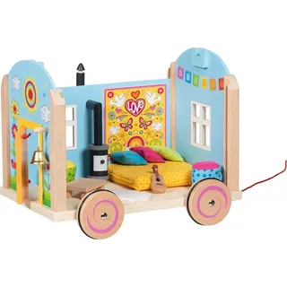 GoKi 51440 – Wohnwagen Spirit – 12-teiliges möbliertes hippes Puppenhaus-Mobil im Bauwagen-Style mit abnehmbaren Dach und Wänden