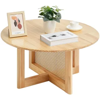Vevor runder Couchtisch aus geflochtenem Rattanholz mit Tischplatte aus Gummibaumholz, moderner Boho-Couchtisch (85 x 85 x 42 cm) mit Stauraum & Beinen aus Naturholz, für Wohnzimmer Schlafzimmer