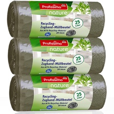 Nature Recycling Zugband Müllbeutel - 25 Liter (60 Stück) - aus 80% Recycling Material - 3er Pack (3x20 Stück) -"Blauer Engel" Zertifikat