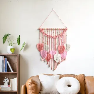 Makramee Wandbehang Wandteppich Wandbehang Nachbildung mit Holzperlen und Blätter Makramee Blätter Wandteppich für Boho Deko Wohnung Party Dekorationen, rosa