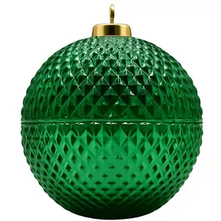 Dekohelden24 Edle Glaskugel, Gebäckdose, Aufbewahrungsbehälter, Glasschale, Baumkugeldose, Dekoschale, Glasbehälter als Weihnachtskugel mit goldenem Krönchen aus Glas in grün, L/B/H 15 x 13 x 13 cm.