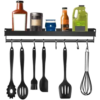 TOPSEAS Gewürzregal, Wandregal für die Küche, ohne Bohren, Gewürzregal mit 8 abnehmbaren Haken, kann Gewürze platzieren, Spatel, Löffel und andere Küchenutensilien aufhängen