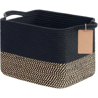 TIMEYARD Aufbewahrungskorb, Aufbewahrungskorb Geflochten, Körbe Aufbewahrung, Organizer Körbe, Baumwolle Korb für Regal, Bad, Wohnzimmer, Kinderzimmer, 33x25x22.5cm, Jute & Schwarz