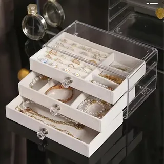 Schmuckaufbewahrung Acryl Schmuckkästchen mit 3 Schubladen Schmuckkasten Schmucktablett Schmuckkästen Schmuck Organizer Box für Ringe Ohrringe Halskette Armbänder Geschenk für Frauen (Beige)