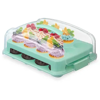 Relaxdays Muffin-Transportbox , Türkis , Kunststoff , 37.5x16x28.5 cm , Tragegriff , Geschirr, Tischkultur & Serviergeschirr, Tortenglocken