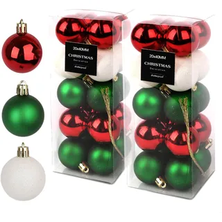 Weihnachtsbaumkugel Set 2er Pack - 40 x 4 cm Kugeln in Rot Glänzend, Weiß Glitzernd & Grün Matt - Perfekte Dekoration für Festliche Weihnachtsbäume, Adventskränze und Tischarrangements