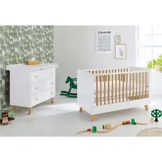 Pinolino Babyzimmer , Weiß, Eichefarben , Holzwerkstoff , 3 Schubladen , zum Juniorbett umbaubar, höhenverstellbar, Sprossen mit Normabstand, Aufbauanleitung im Karton, Lattenrost inklusive, Schlupfsprossen , Babymöbel & Kindermöbel, Babyzimmer, Babyzimmer-Serien