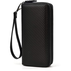LUUFAN Echtes Leder Doppelreißverschluss Lange Brieftasche Große Kapazität Leder Clutch Wallets mit Handschlaufe (Schwarz)