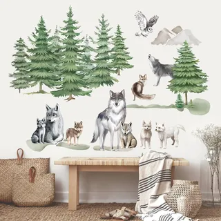 wondever Wandtattoo Wald Bäume Tiere Wolf Wandaufkleber Baum Kiefer Wolf Familie Wandsticker Wanddeko für Wohnzimmer Schlafzimmer Sofa Hintergrundwand