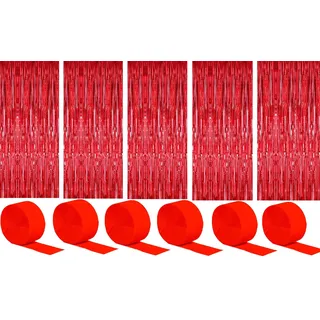 6 Stück Folienvorhänge Fransen, Metallische Glitzervorhang Fringe, Glitzer Tinsel Curtain, Folienfransen Vorhang für Weihnachtsbaum Party Deko Geburtstagsdeko + 6 Stück Krepppapier, Rot