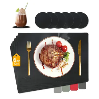 HELI MIAO Tischsets Abwaschbar,Platzsets Abwischbar, Leder,Hitzebeständig Doppelseitigen I 6er Set Platzdeckchen Lederoptik mit Untersetzer,Tischuntersetzer rutschfest,Schwarz