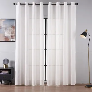 Topfinel Vorhänge Gestreifte Gardinen mit Ösen Weiss 140x245cm Vorhang Halbtransparent 2er Set Ösenschal mit Streifen Muster Deko für Kinderzimmer Wohnzimmer Schlafzimmer