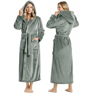 NY Threads Damen Fleece-Bademantel mit Kapuze – langer Plüsch-Bademantel, stahlgrau, Medium