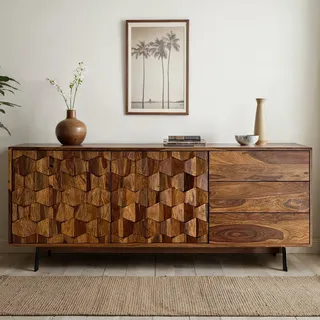 FineBuy Sideboard Sheesham Massivholz 175 cm 2 Türen & 3 Schubladen - Massive Retro Kommode Metall Beine - Design Natur Anrichte - Handdustrial - Braun
