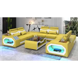 Design Wohnlandschaft Großes Sofa XXL U Form Ecksofa Ledersofa Gelb LED - Gelb