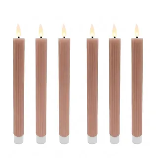 Relaxdays LED Stabkerzen, 6er Set, HxD: 25 x 2 cm, flackernde Flamme, Echtwachs, mit Rillen, flammenlose Kerzen, Altrosa